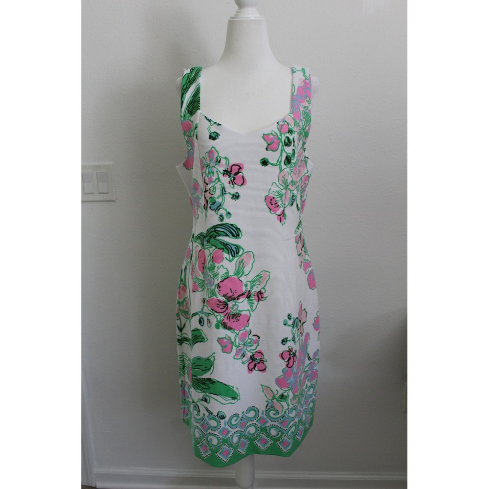 Lilly Pulitzer Floral Sheath Ribbed Dress White Pink Green Sleeveless Size L